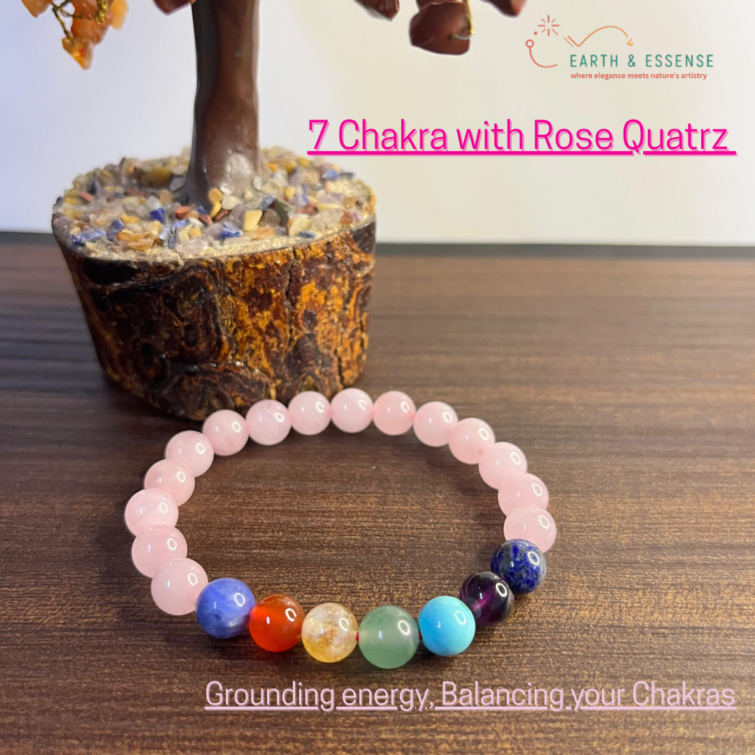 7 chakra with Rose Quartz Crystal Bracelet – 8 MM (Grounding energy, Balancing your Chakras)