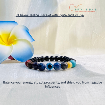 9 Chakra Healing Bracelet with Pyrite and Evil Eye – 8MM (7 Chakra + Money Magnet + Protective Evil Eye)
