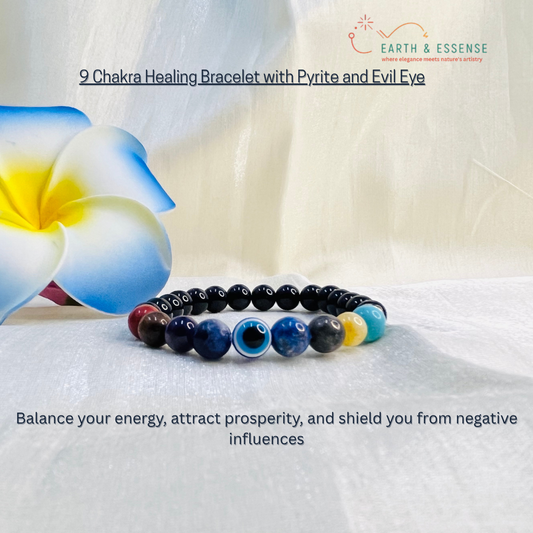 9 Chakra Healing Bracelet with Pyrite and Evil Eye – 8MM (7 Chakra + Money Magnet + Protective Evil Eye)
