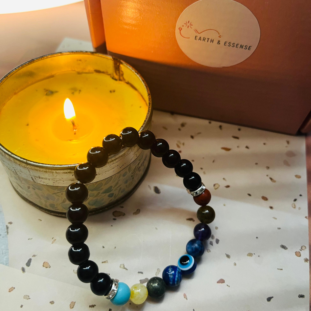 9 Chakra Bracelet with Pyrite and Evil Eye
