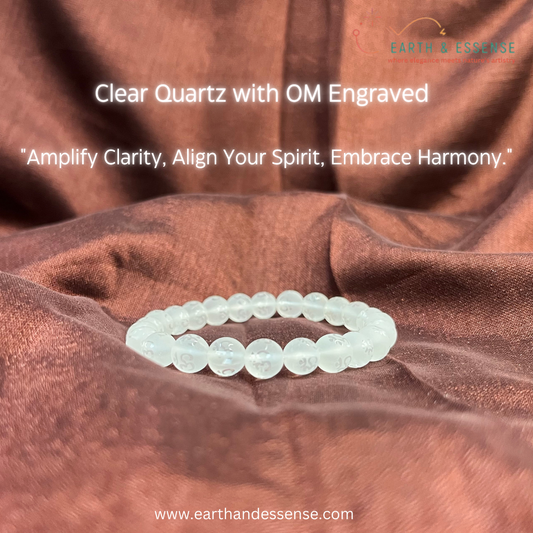 Clear Quartz Crystal Bracelet with om Engraved - 8 MM - for Harmony