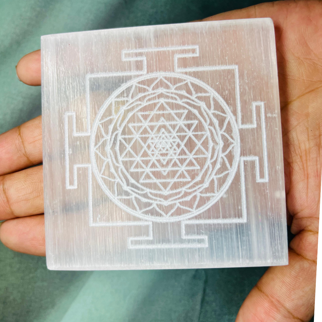 Selenite Charging Plate with Shree Yantra Engraving